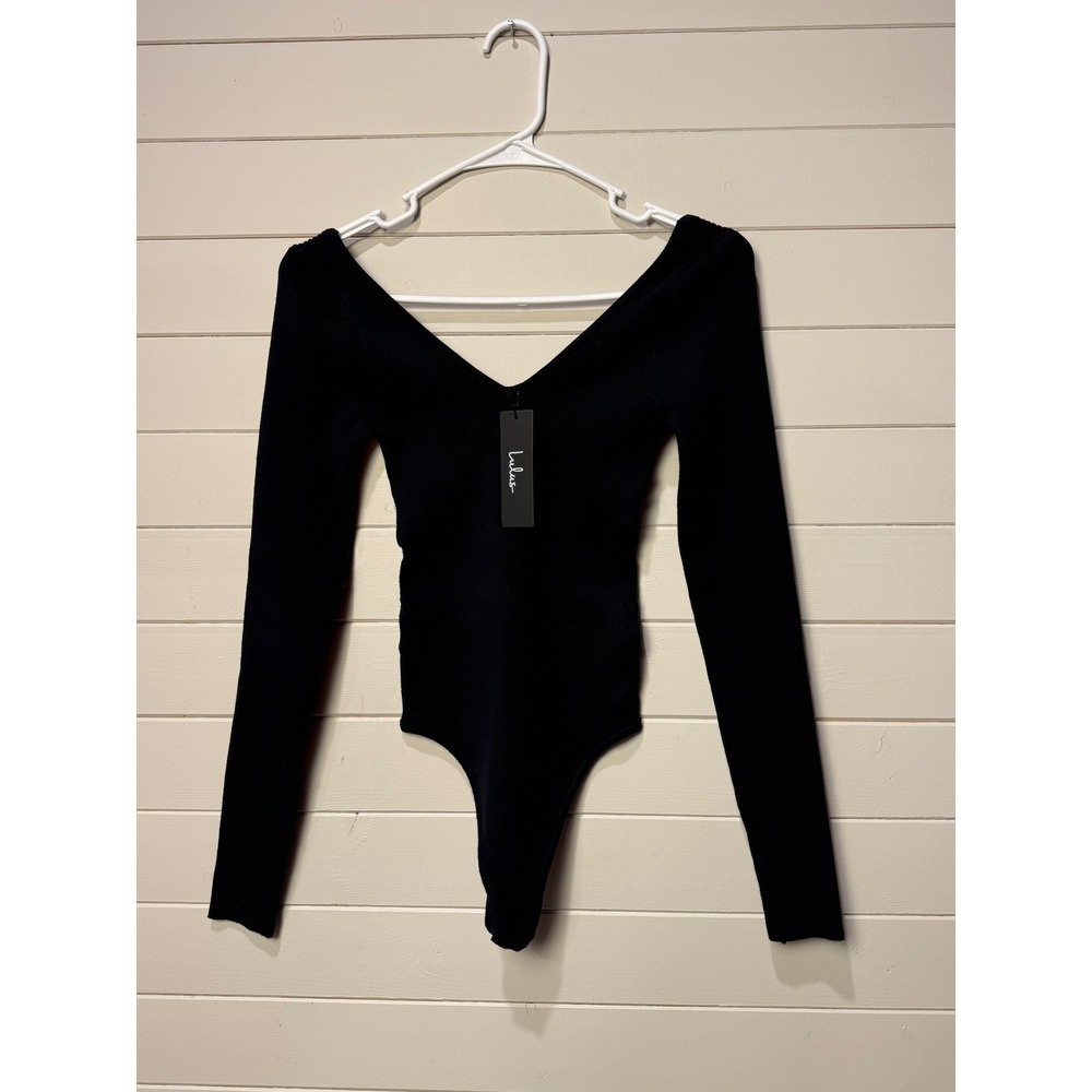 New With Tags Lulus Black Ribbed V Neck Long Sleeve Button Side Bodysuit XS